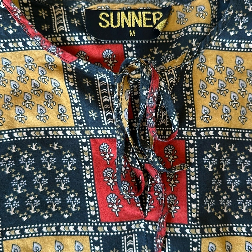 SUNNER Black Red Golden Tan Boho Patchwork Cotton Top Medium